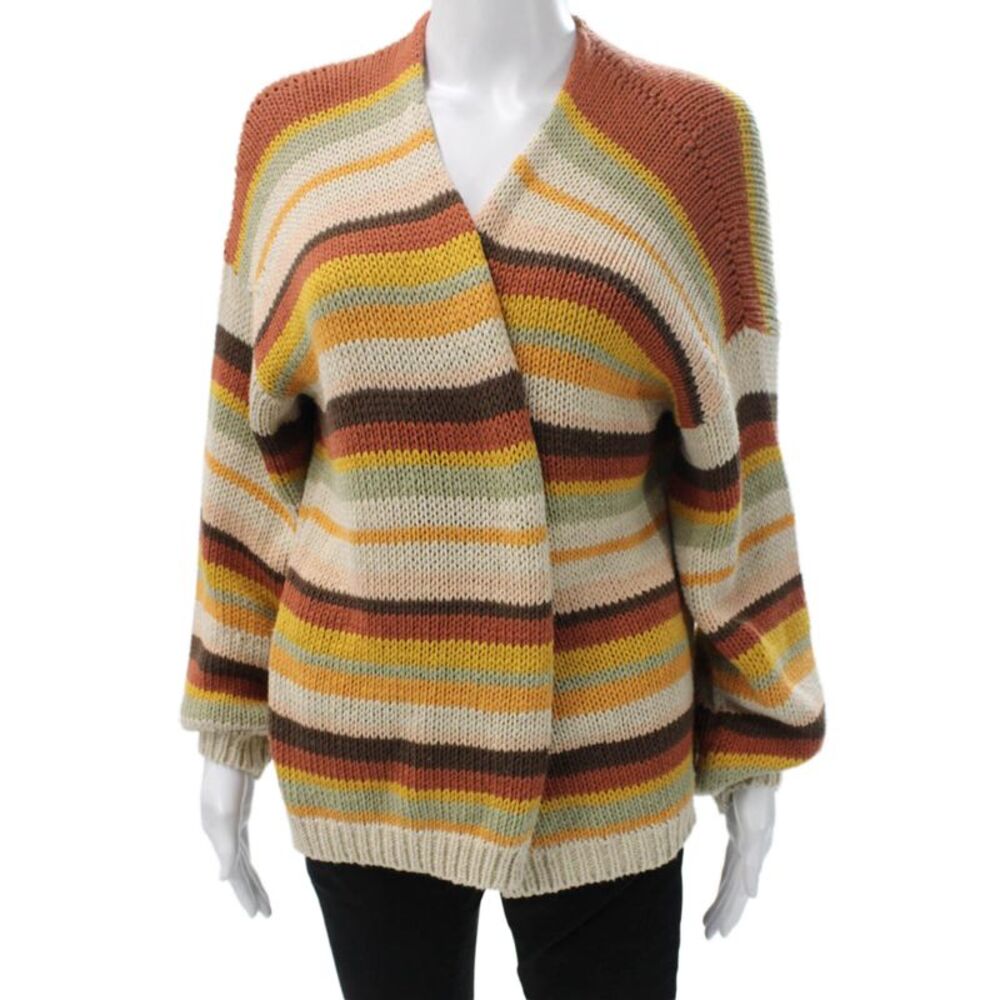 Johanna Paris Women Cardigan Striped Multicolor V-Neck Long Sleeve Size S